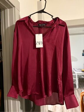 Zara Satin Button-Down Blouse in Deep Wine